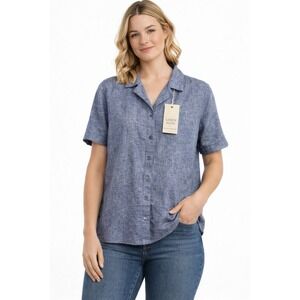 Hester & Orchard Linen Blend Shirt Womens L Blue Button Front Short Sleeve Top